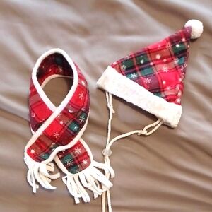 Festive Plaid Hat and Scarf Set For Small Dog Or Cat